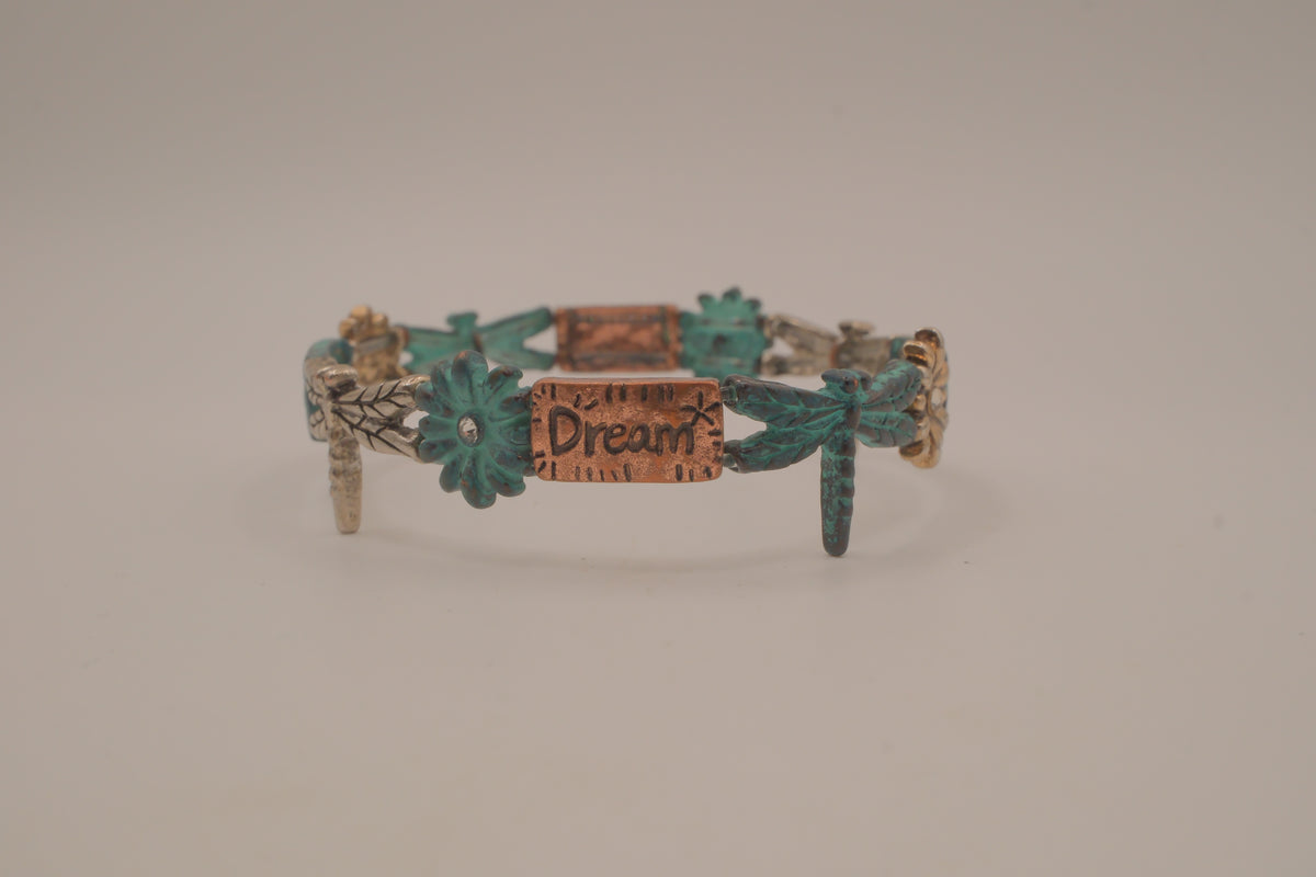 Vintage tri-tone dragonfly stretch bracelet