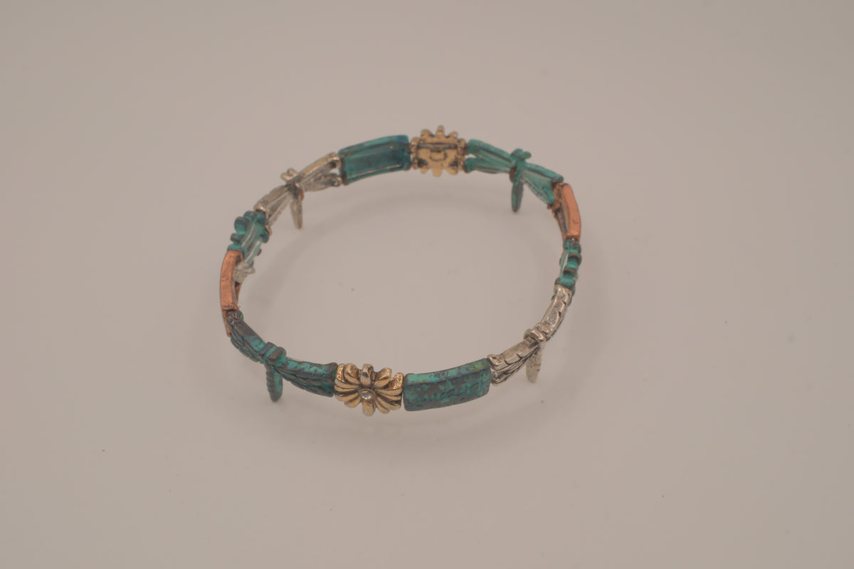 Vintage tri-tone dragonfly stretch bracelet