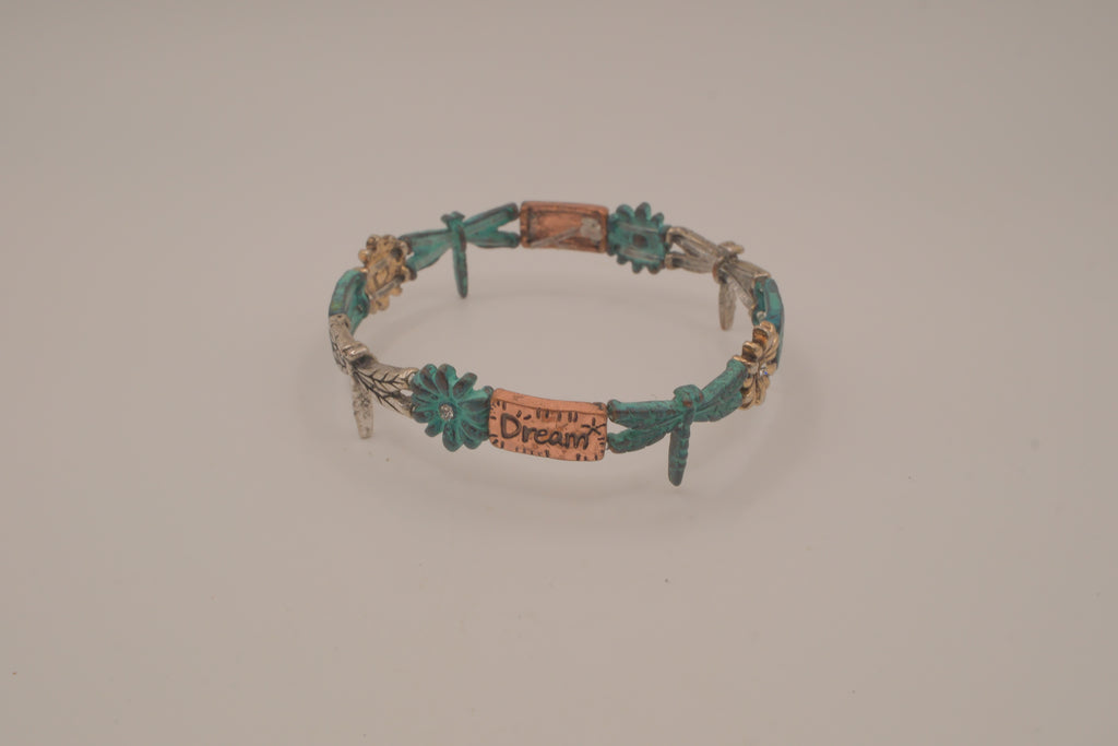 Vintage tri-tone dragonfly stretch bracelet