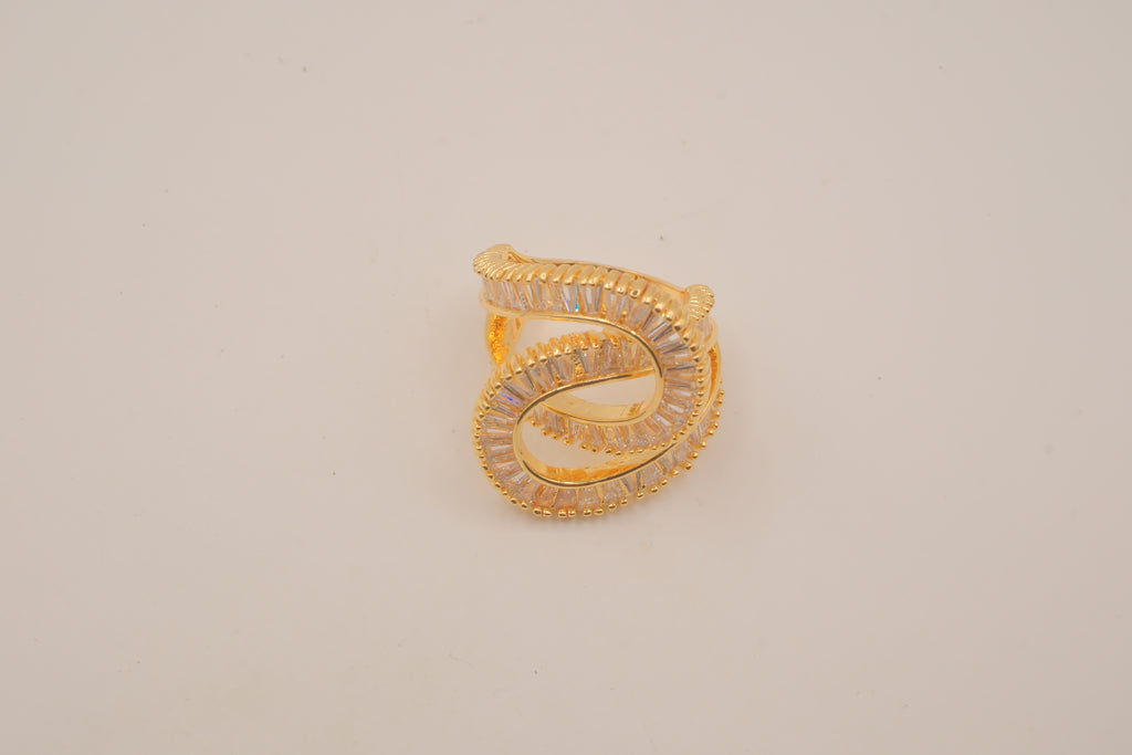 Gold tone baguette rhinestones Swirl Wrap statement ring