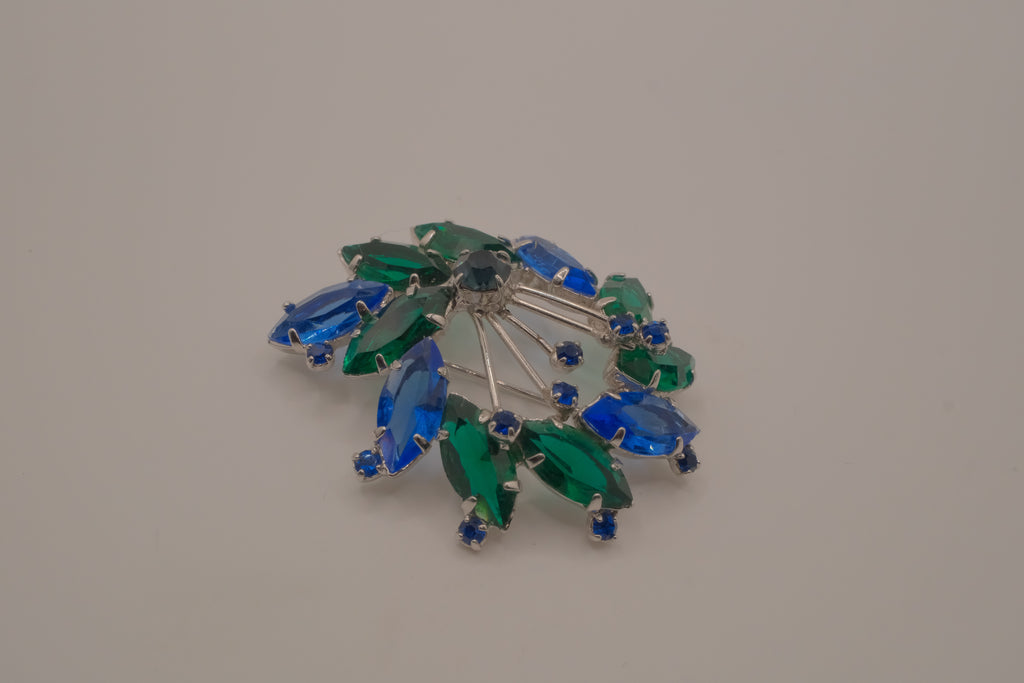 Vintage Blue and Green rhinestone brooch