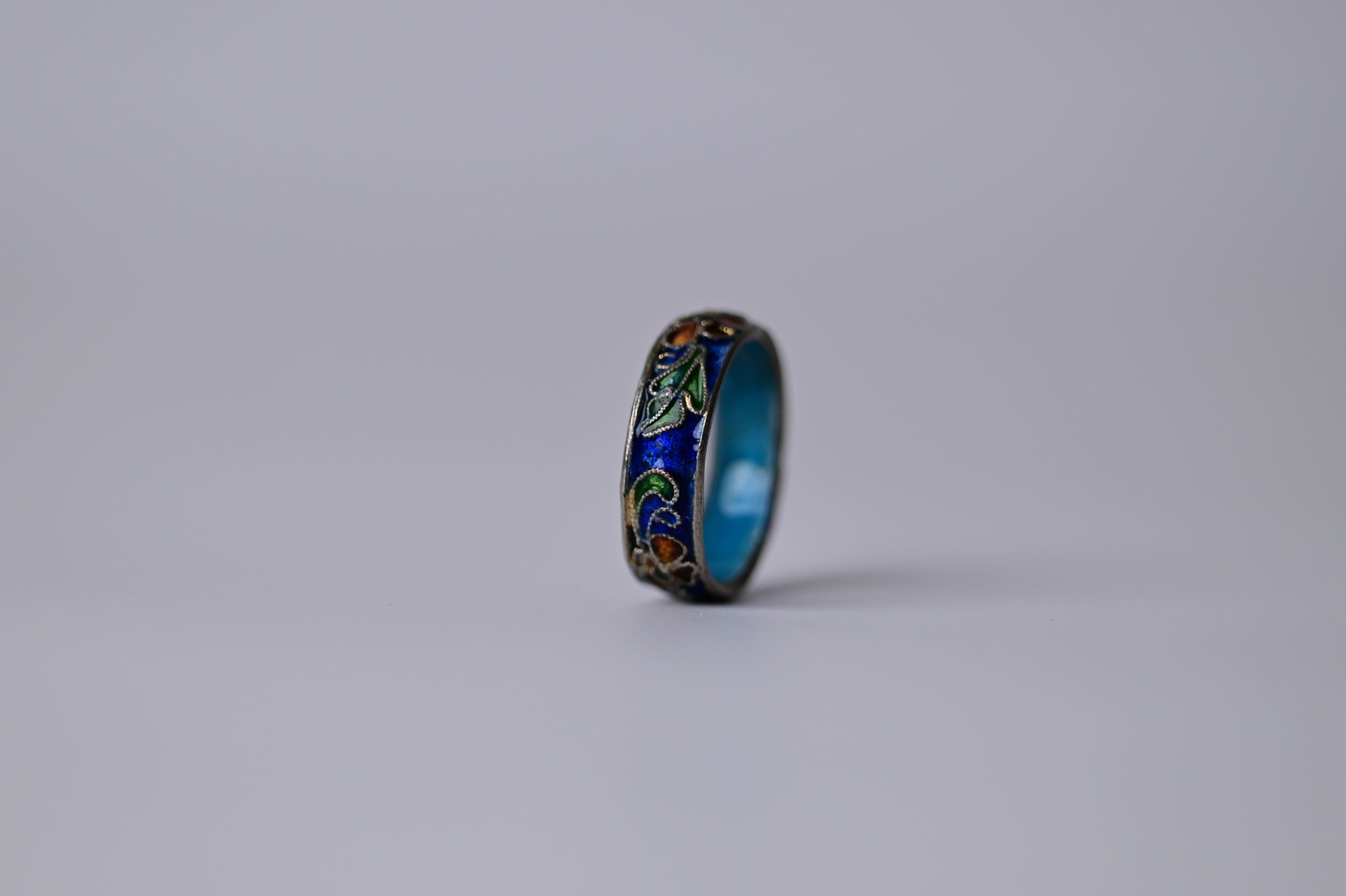 Vintage Blue Cloisonne Enamel Floral Design Ring&nbsp;